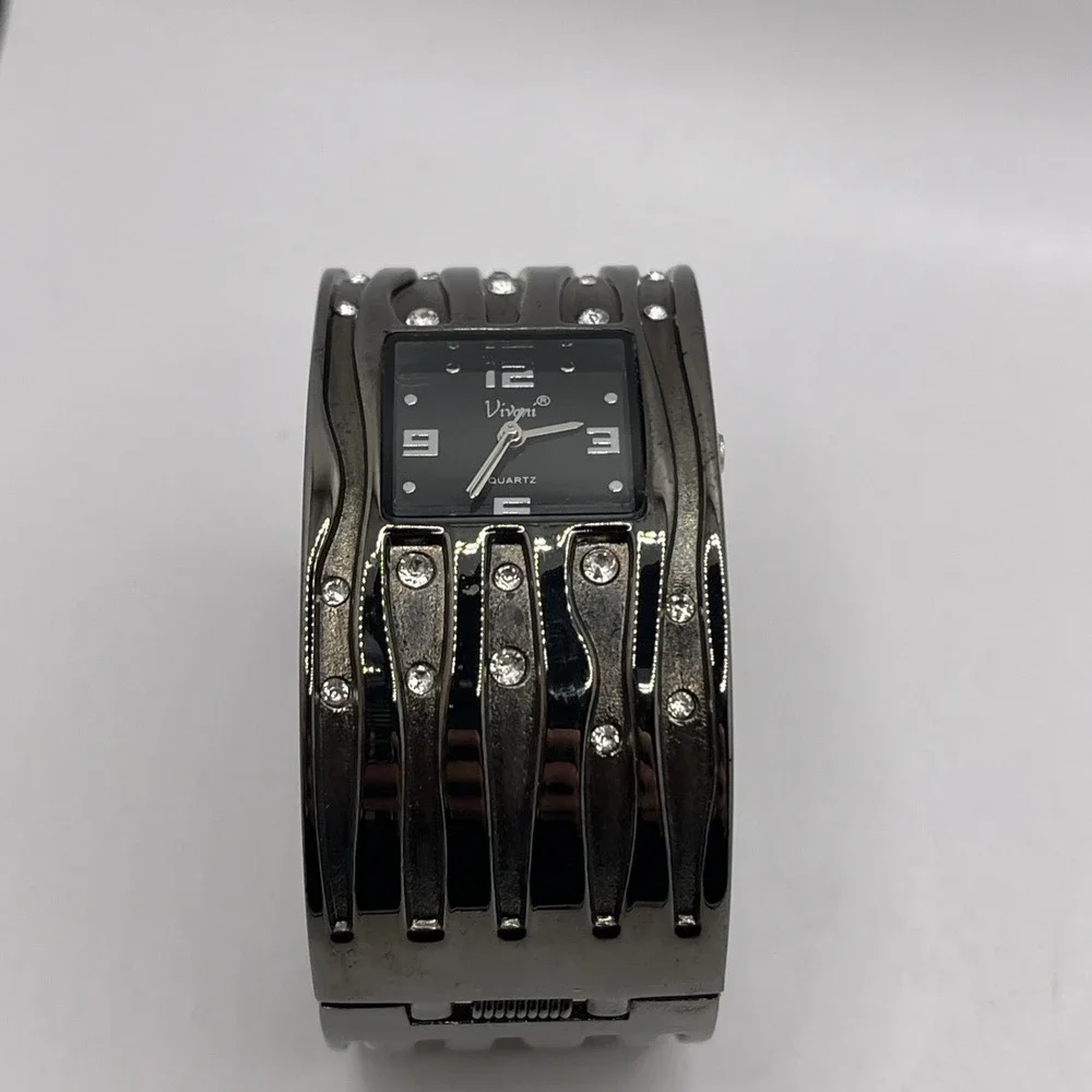 Vivani Women's Bangle Band Quartz Watch Crystal Accent Gunmetal-‎ New Battery